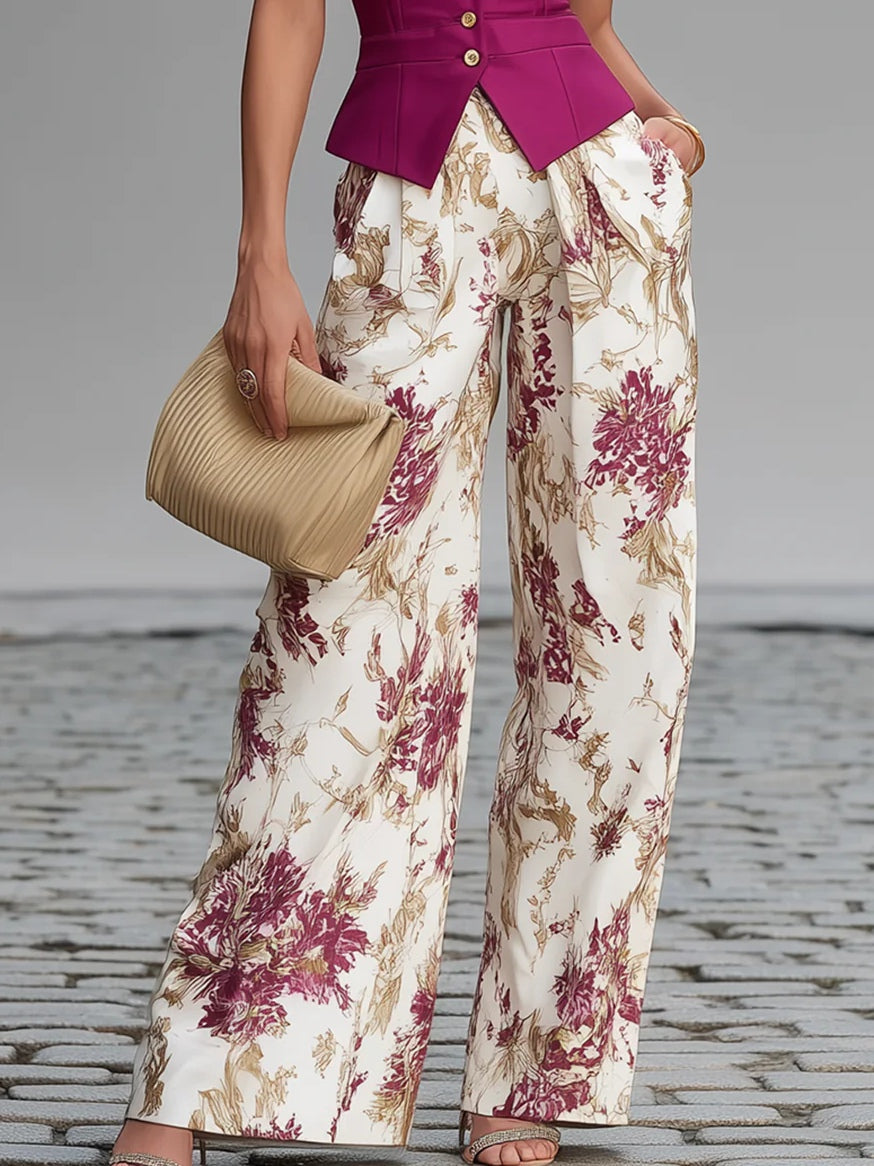Lapel Sleeveless Vest Top and Floral Wide Leg Pants Two Piece Set 4