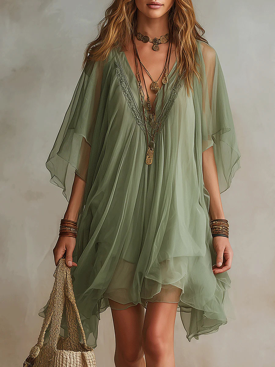 Deep V-Neck Batwing Sleeve Lace Trim Layered Chiffon Mini Dress 4