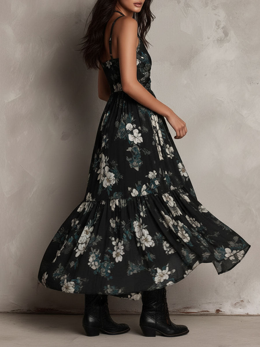 Floral Print Sweetheart Neck High Low Ruffle Maxi Dress 5
