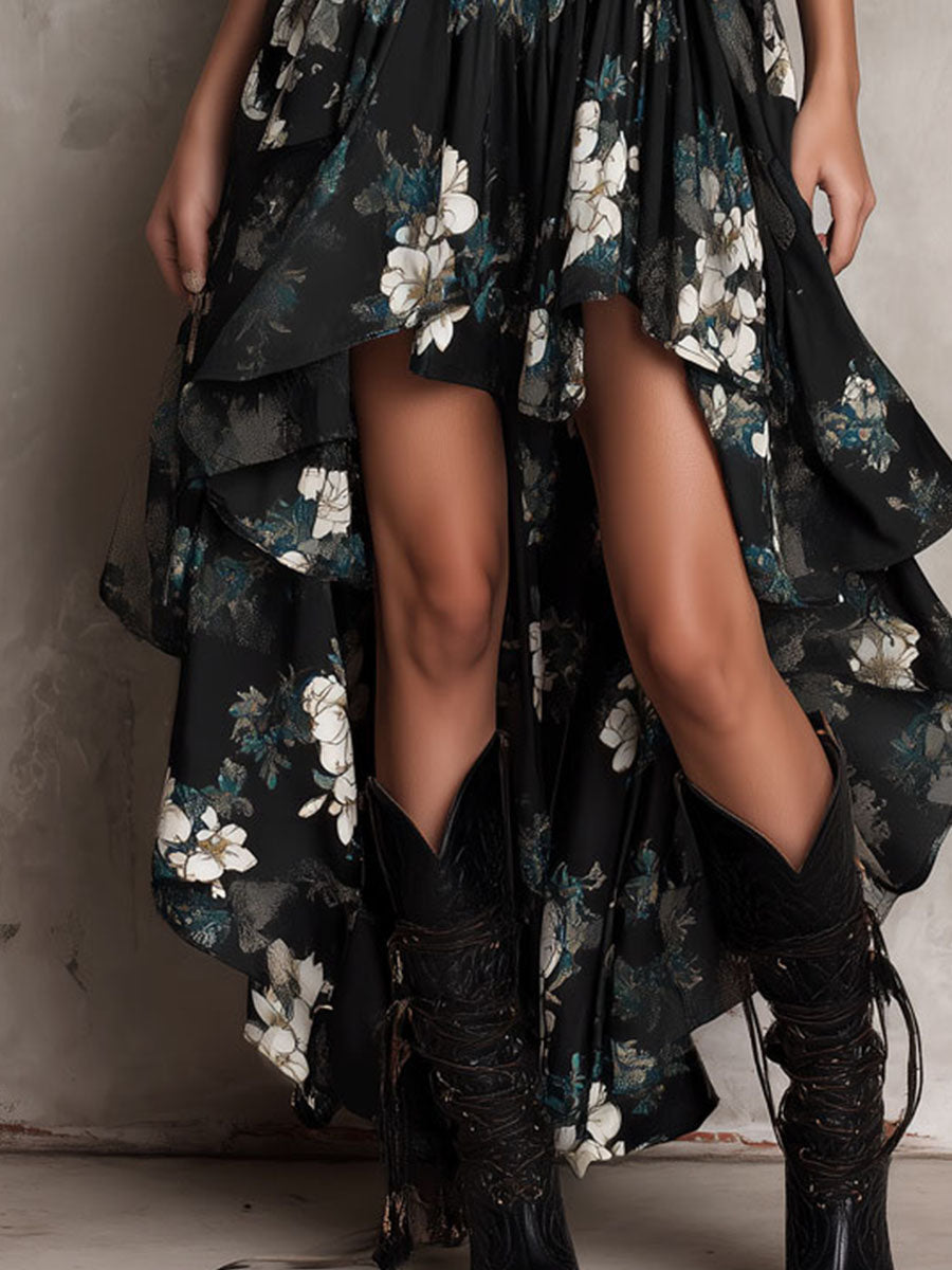 Floral Print Sweetheart Neck High Low Ruffle Maxi Dress 9