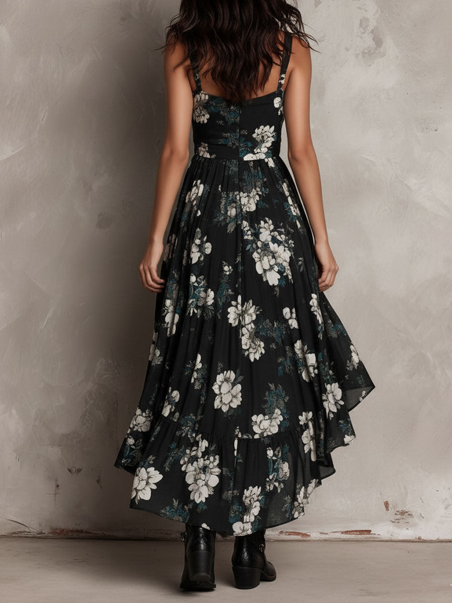 Floral Print Sweetheart Neck High Low Ruffle Maxi Dress 6