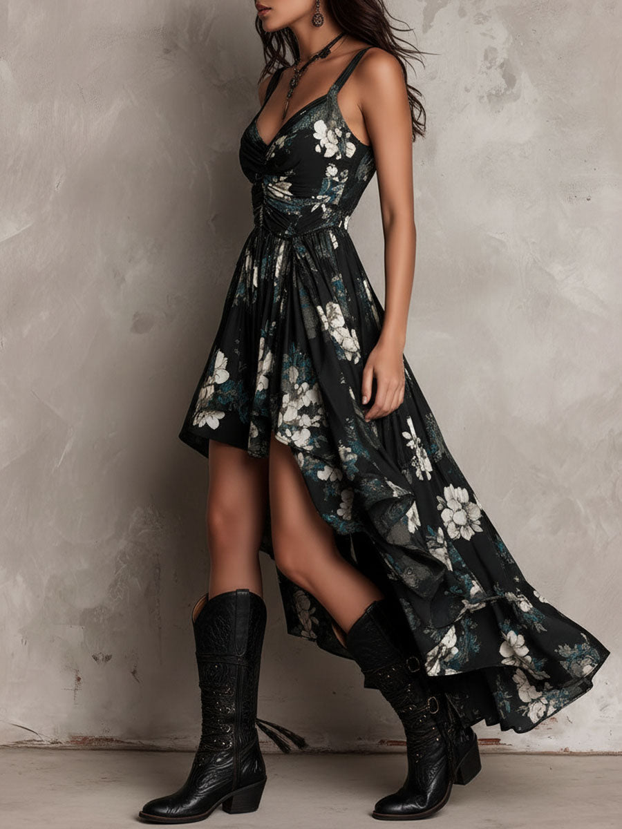 Floral Print Sweetheart Neck High Low Ruffle Maxi Dress 7