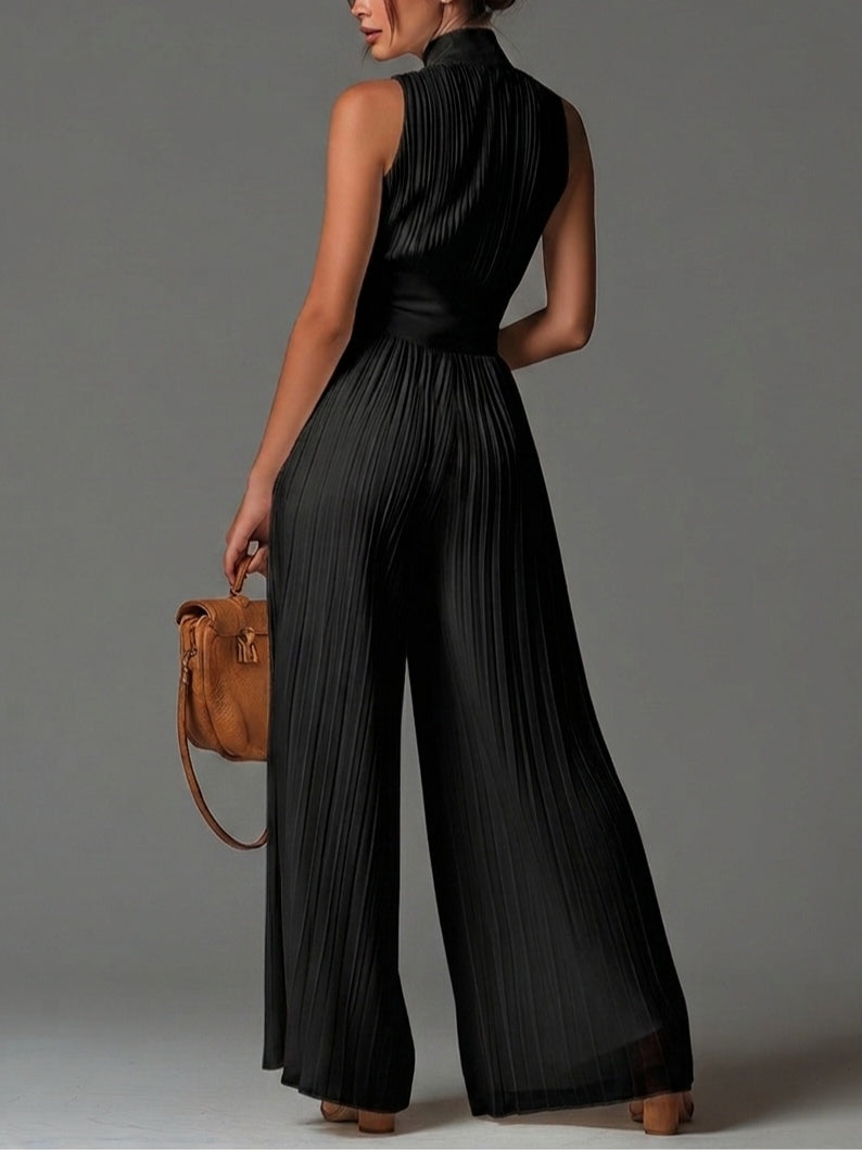 Deep V-Neck Zip Front Pleated Wide Leg Jumpsuit 3