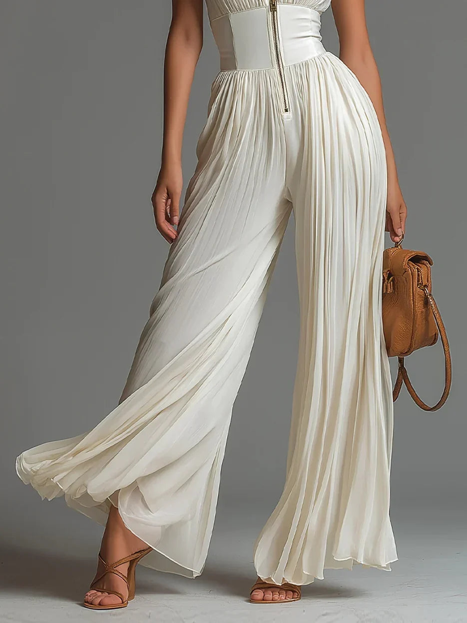 Sleeveless Deep V-Neck Zip Front Pleated Wide Leg Jumpsuit 10