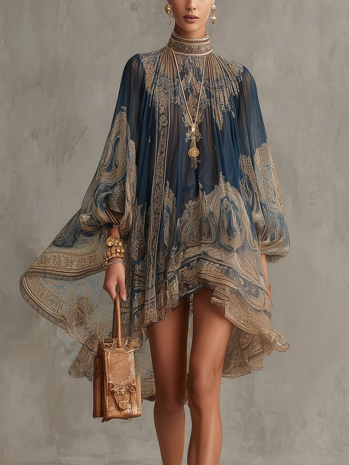 Baroque Print High Neck Long Sleeve Sheer Mini Dress