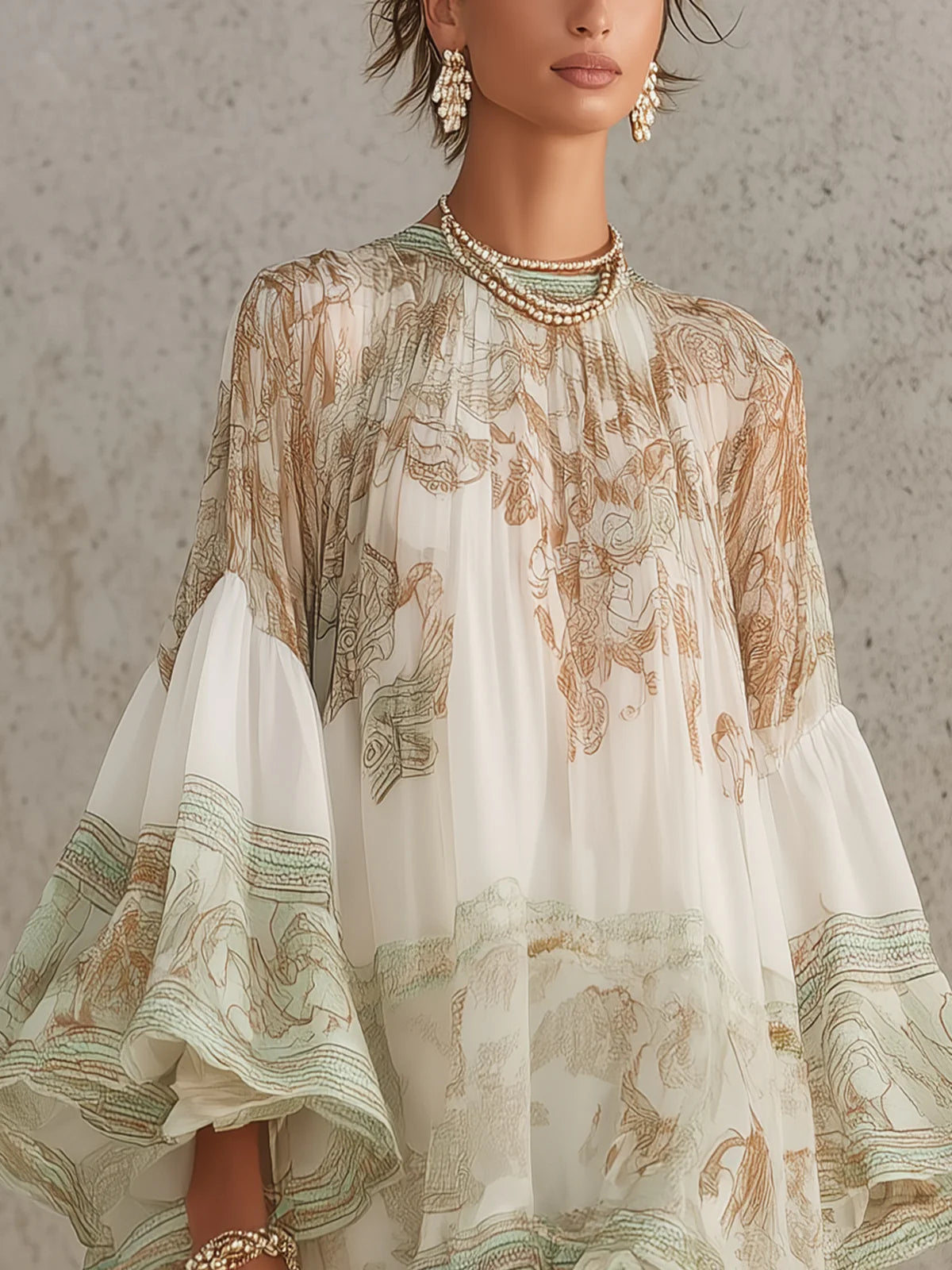 Printed Chiffon High Neck Bishop Sleeve Ruffle Hem Mini Dress 4