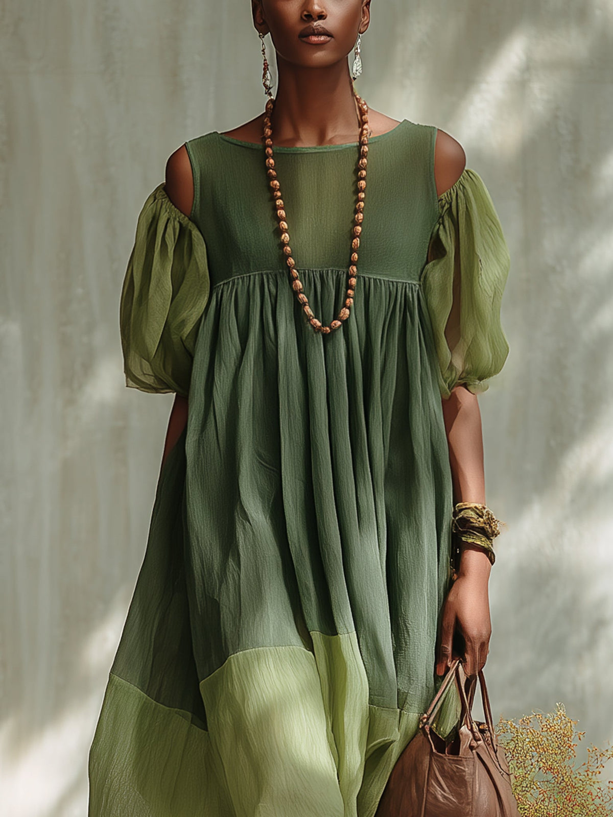 Cut Out Shoulder Puff Sleeve Tiered Midi Dress 2