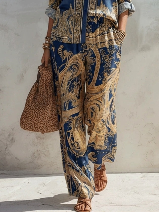 Baroque Print Long Sleeve Shirt and Wide Leg Pants Two Piece Set 4