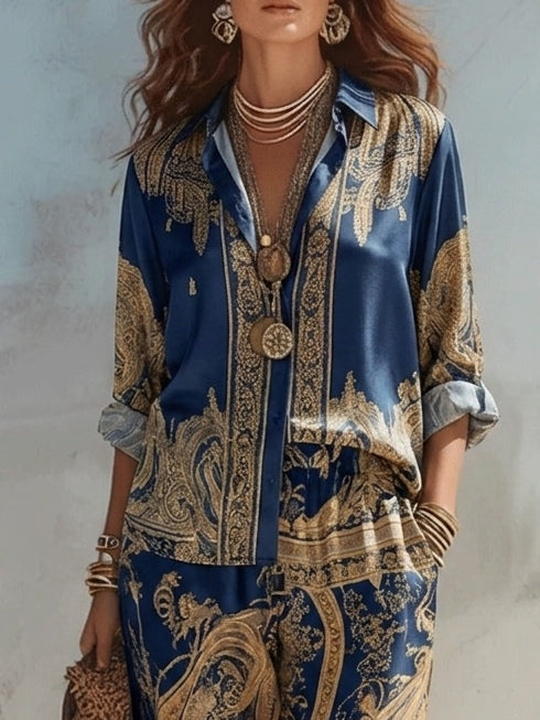 Baroque Print Long Sleeve Shirt and Wide Leg Pants Two Piece Set 3