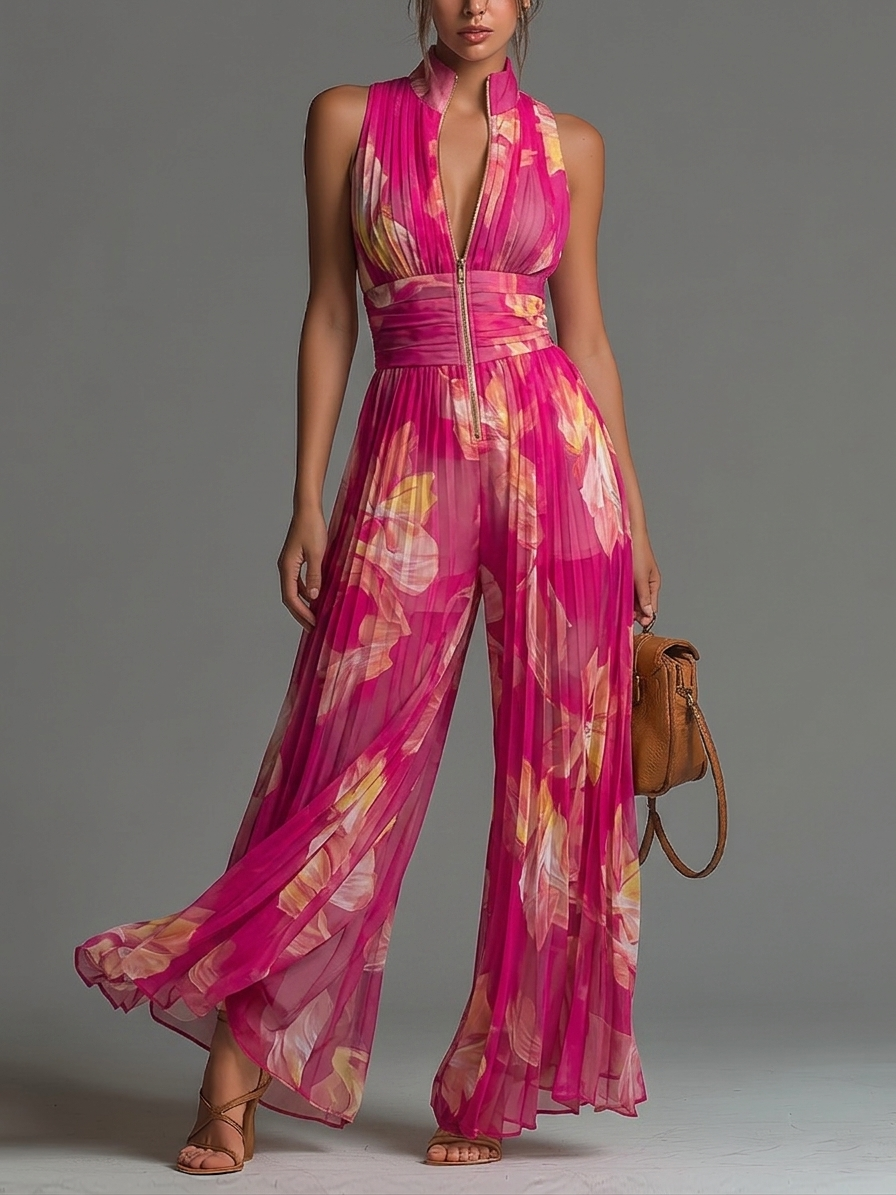Floral Print Sleeveless Zip Front High Neck Wide Leg Jumpsuit