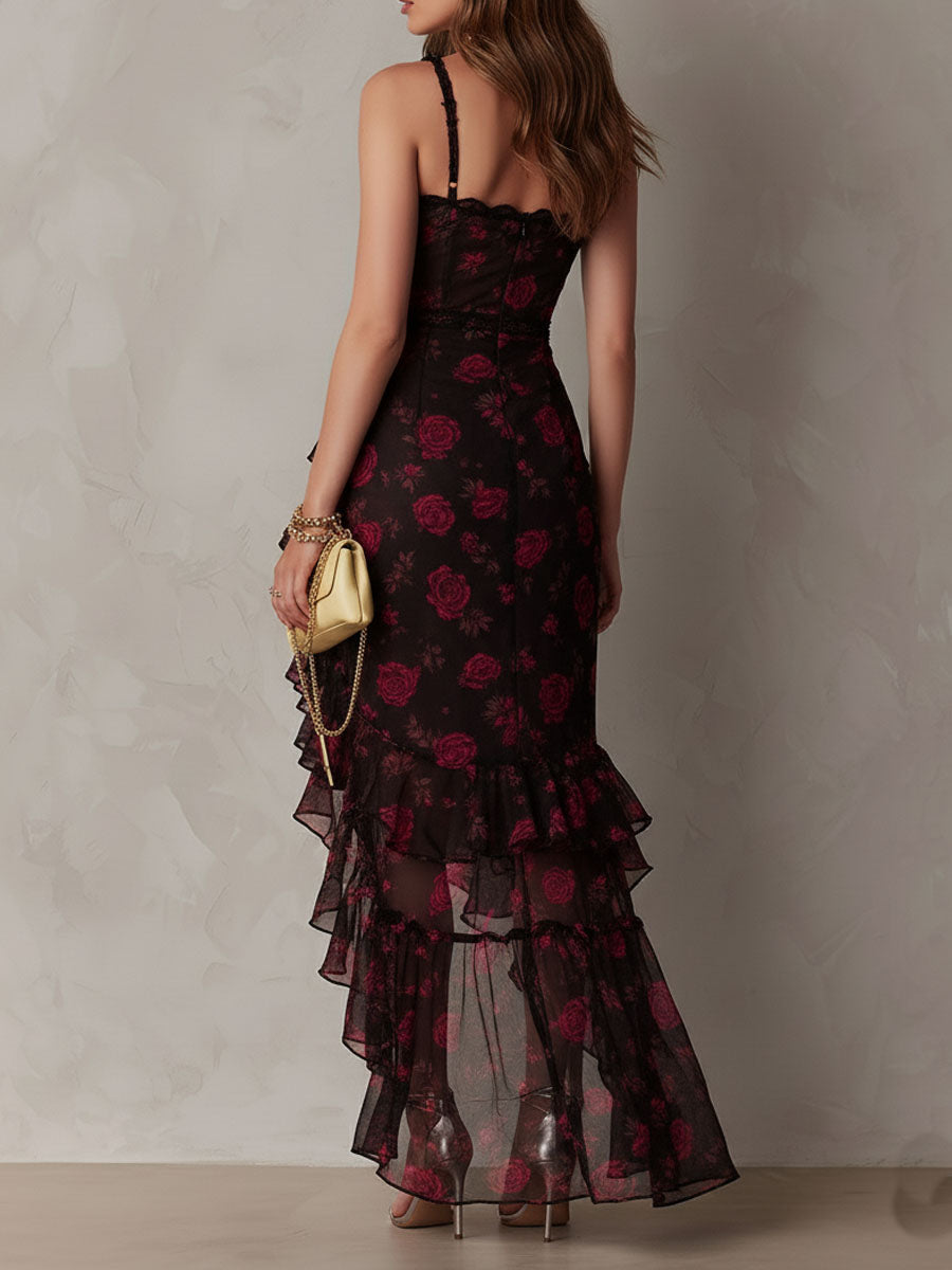 Floral Mesh Ruched Ruffle High Split Asymmetric Maxi Dress 5