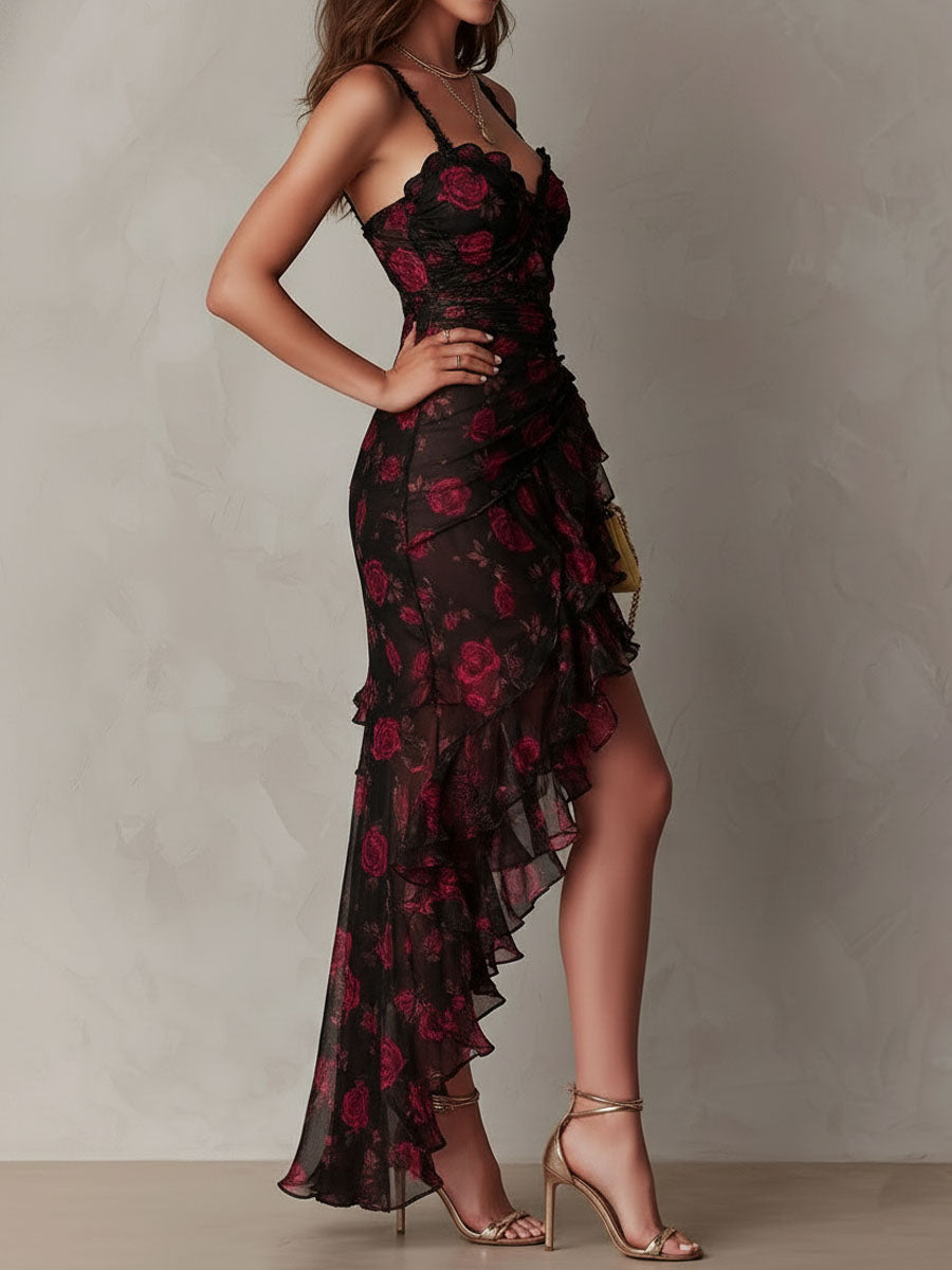 Floral Mesh Ruched Ruffle High Split Asymmetric Maxi Dress 4