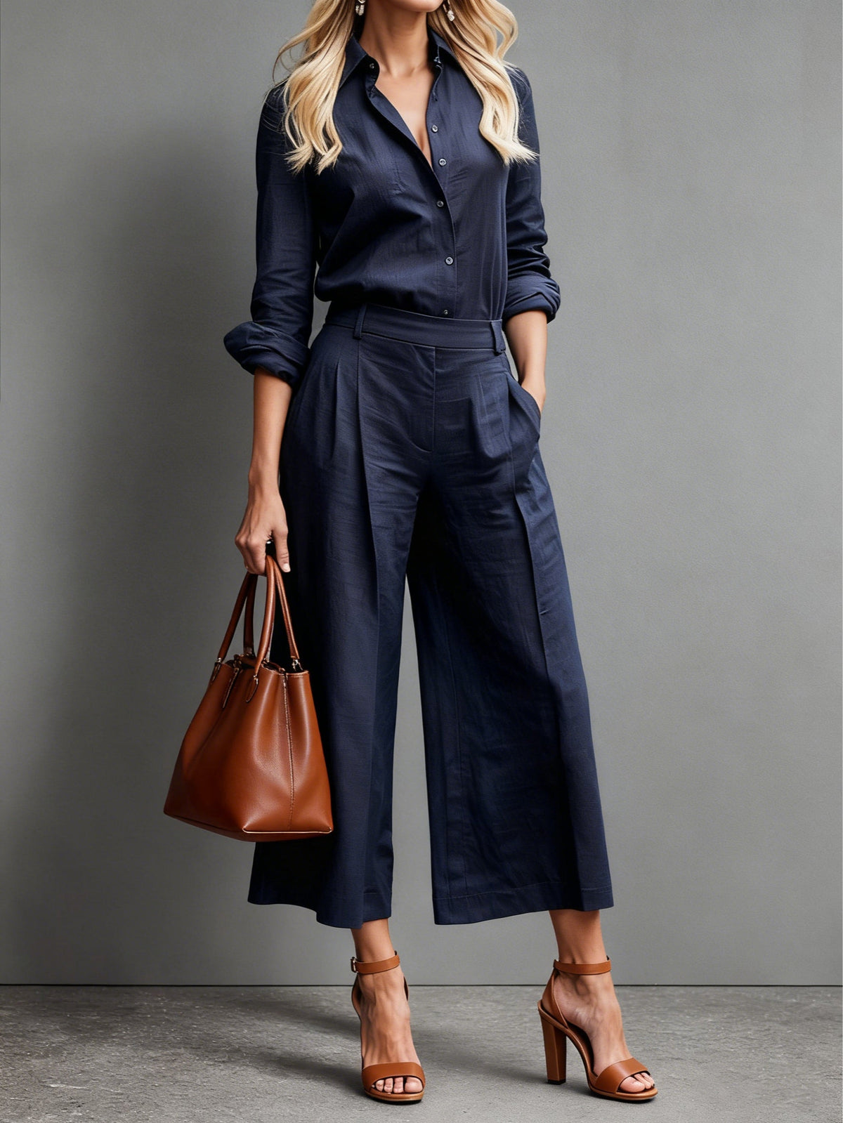 Button Front Shirt and Wide Leg Culotte Two Piece Set 3