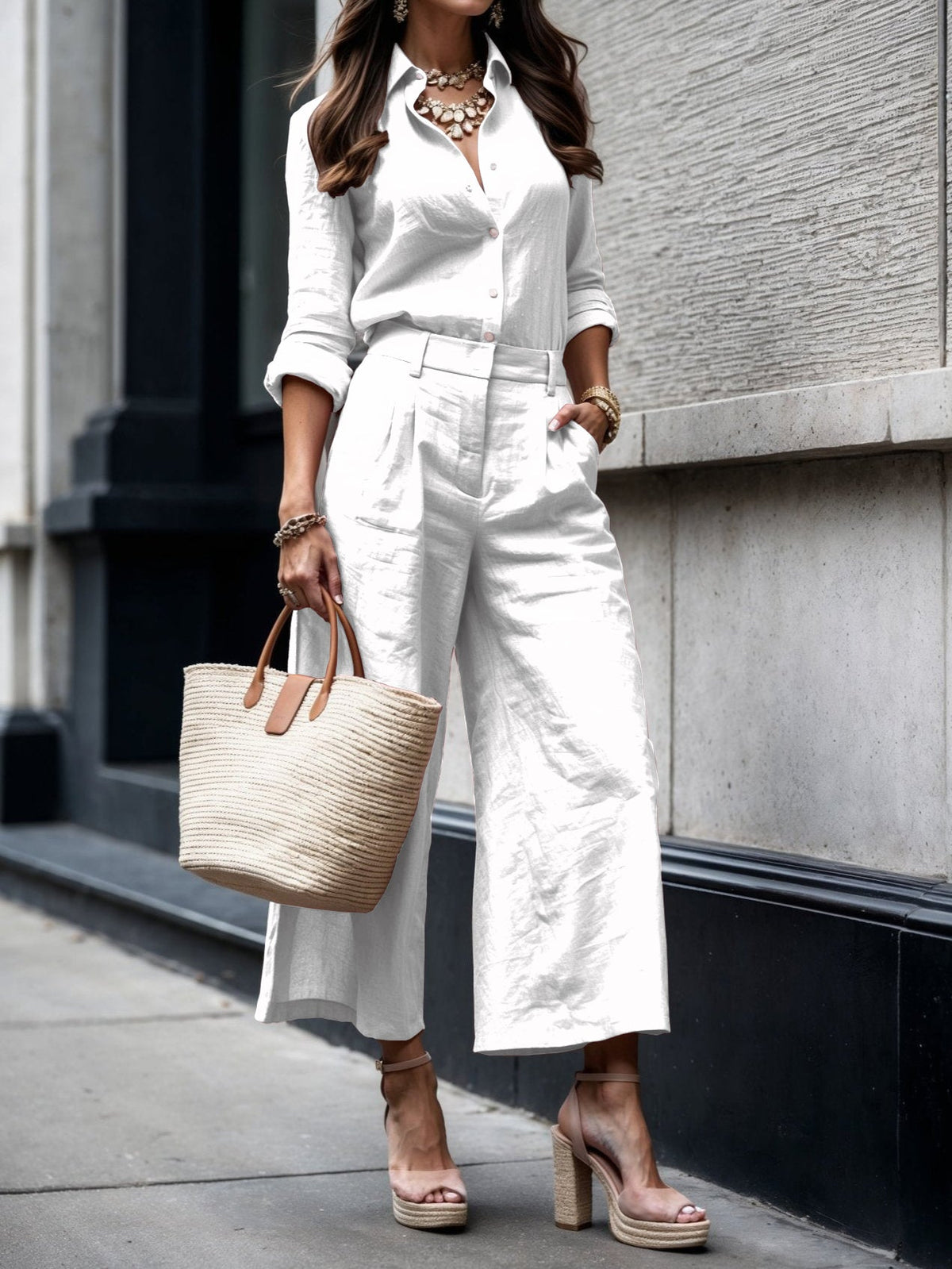 Long Sleeve Shirt and Wide Leg Pants Two Piece Set 6