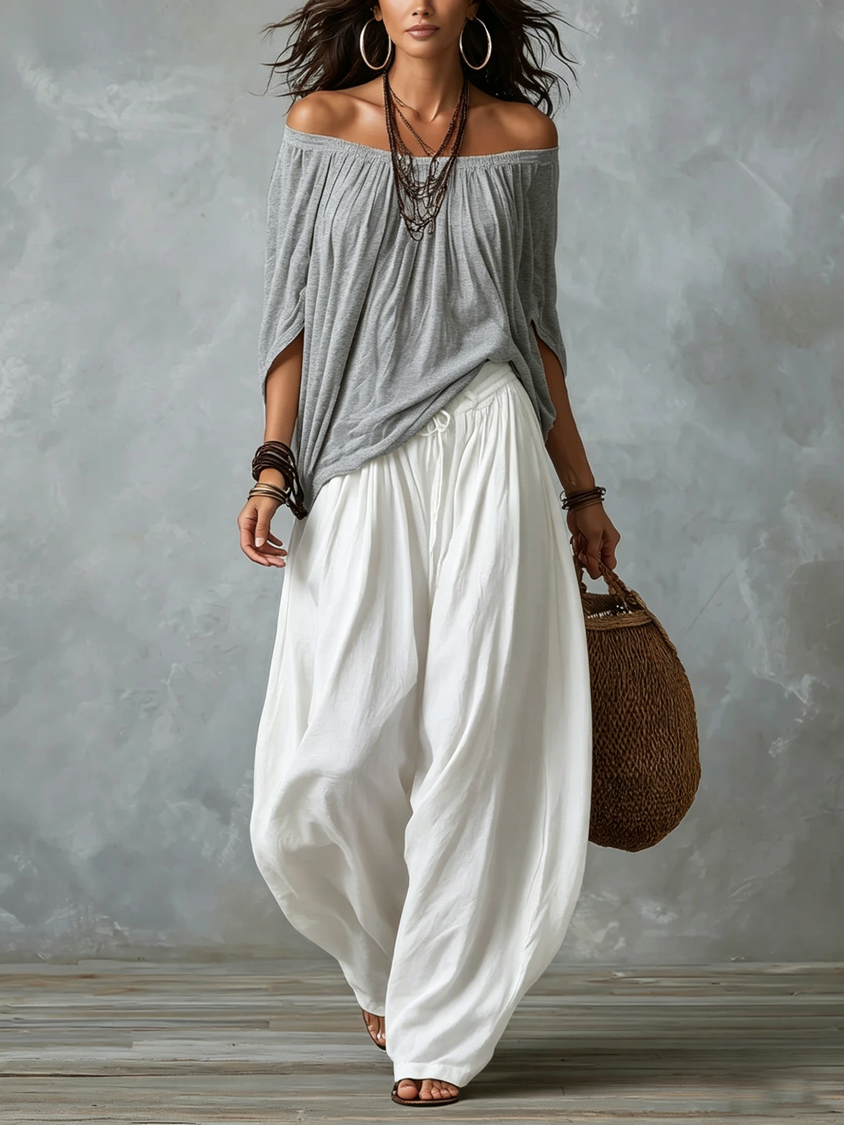 Off Shoulder Half Sleeve Top and Wide Leg Pants Two Piece Set