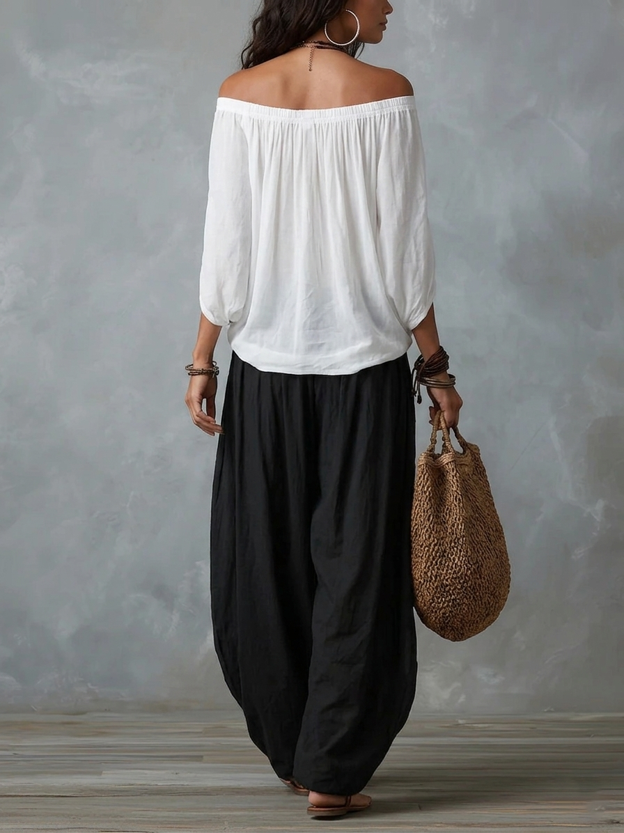 Off Shoulder Knit Top and Wide Leg Pants Two Piece Set 6