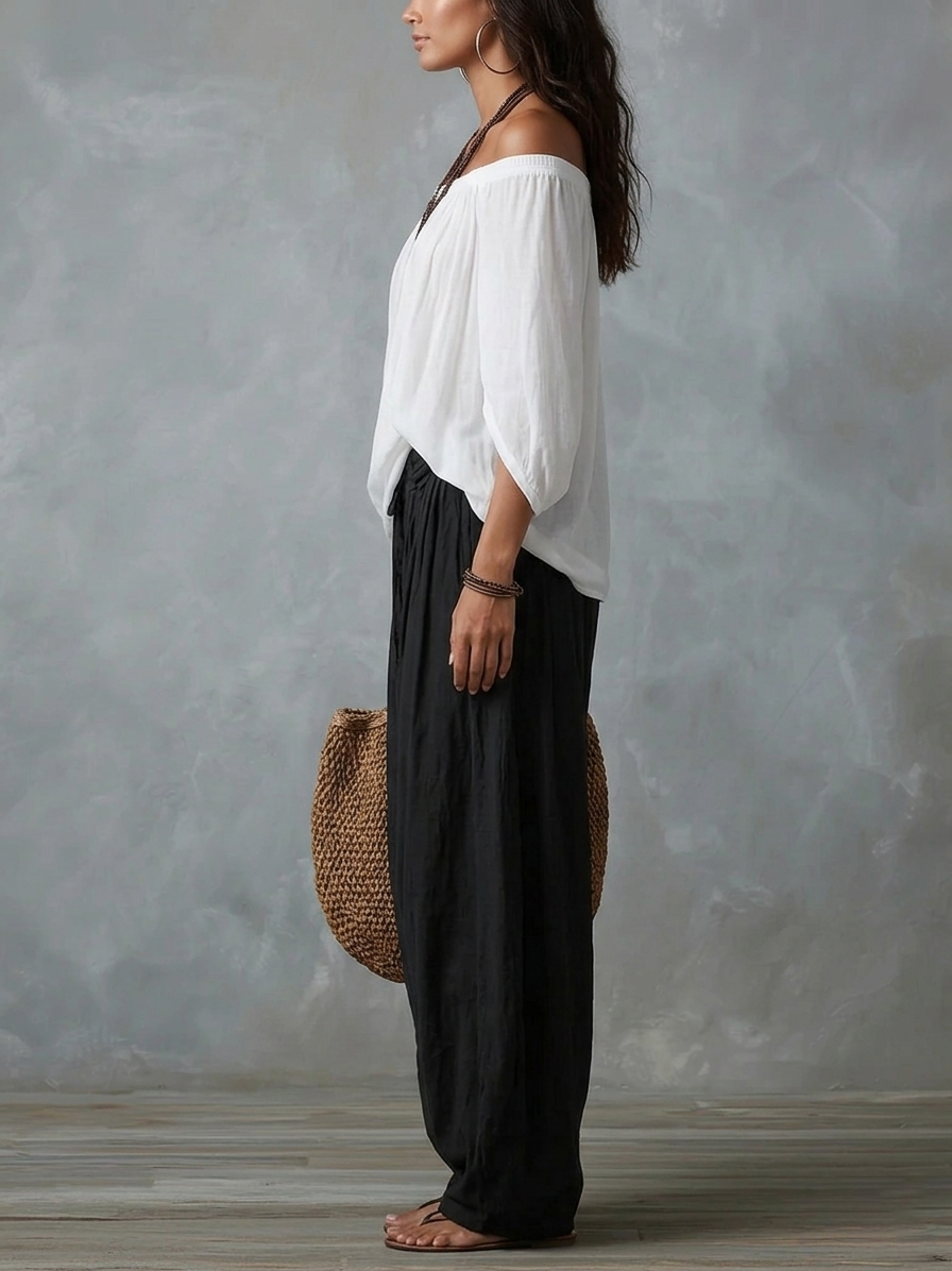 Off Shoulder Knit Top and Wide Leg Pants Two Piece Set 7