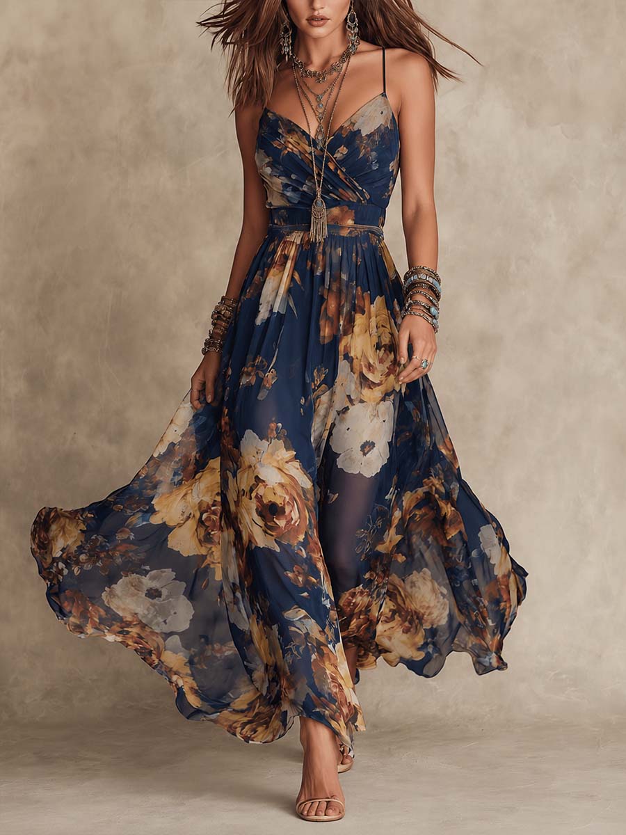 Floral V-Neck Spaghetti Strap Ruched Waist Maxi Dress