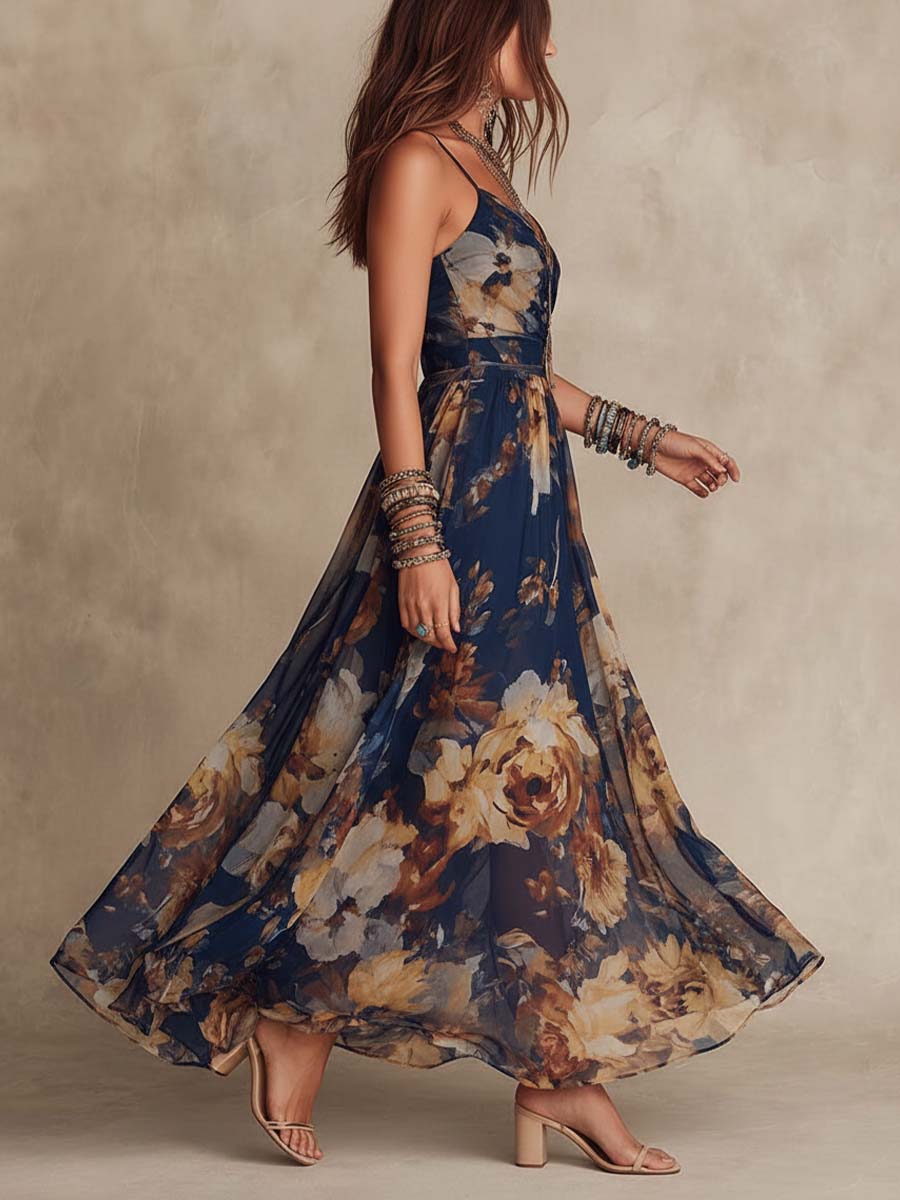 Floral V-Neck Spaghetti Strap Ruched Waist Maxi Dress 2