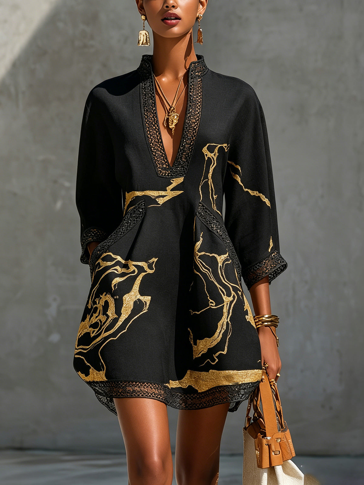 Marble Print Deep V-Neck Kimono Sleeve Mini Dress
