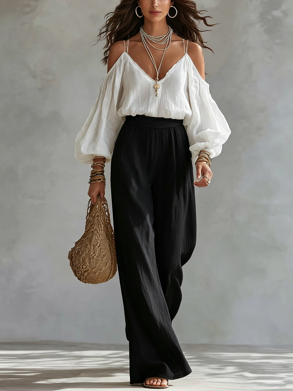 Cold Shoulder Long Sleeve Top and Wide Leg Pants Two Piece Set