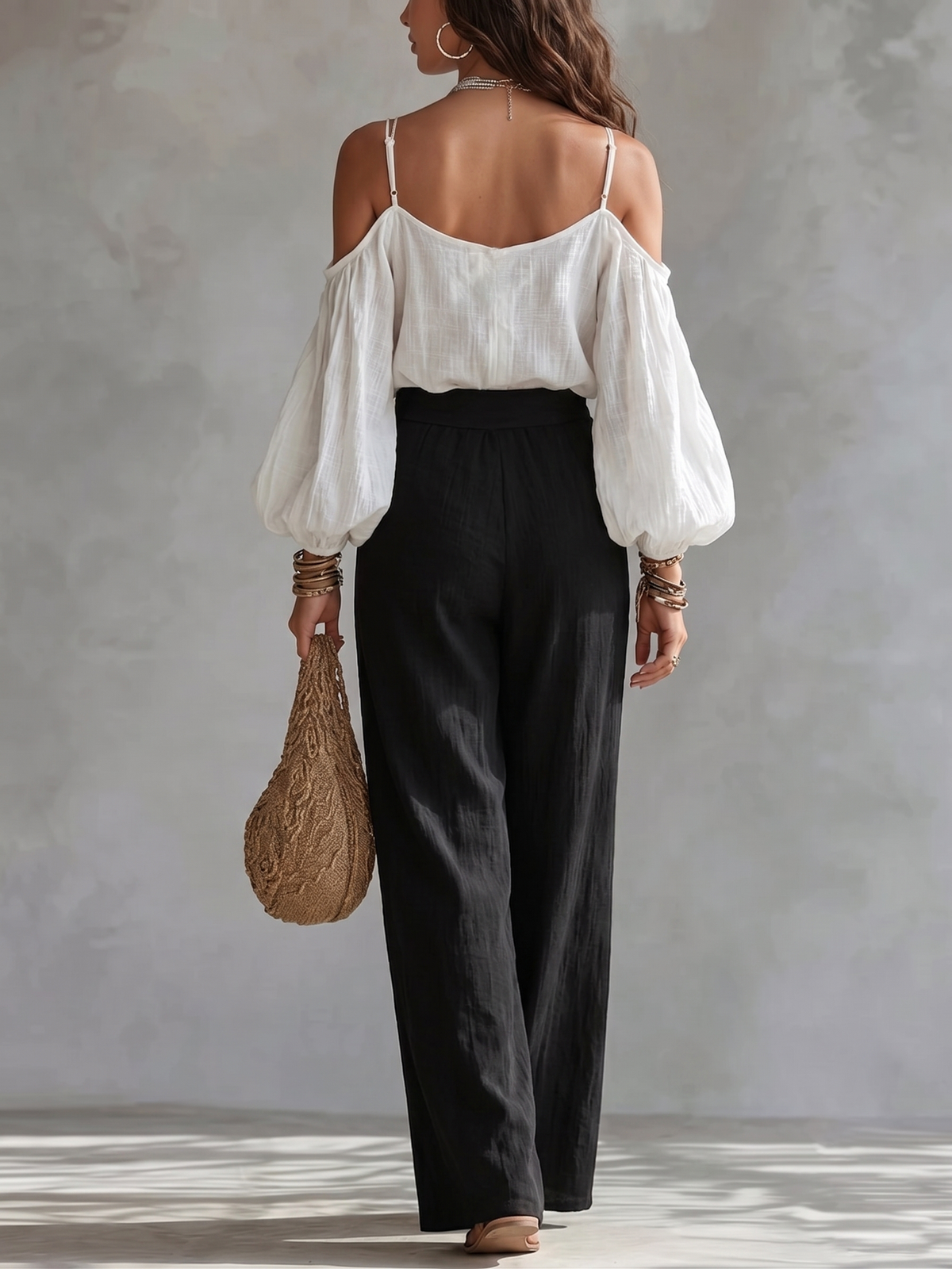Cold Shoulder Long Sleeve Top and Wide Leg Pants Two Piece Set 2