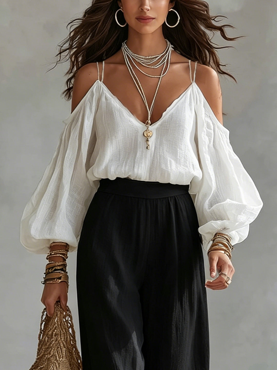 Cold Shoulder Long Sleeve Top and Wide Leg Pants Two Piece Set 3