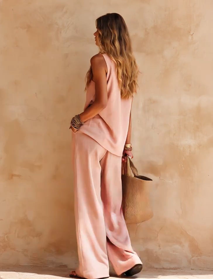 One Shoulder Cut Out Top and Wide Leg Pants Two Piece Set 2