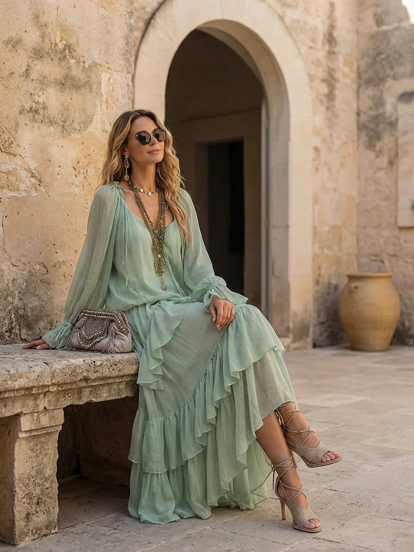Sheer Blouson Top and Tiered Ruffle Maxi Skirt Two Piece Set 4