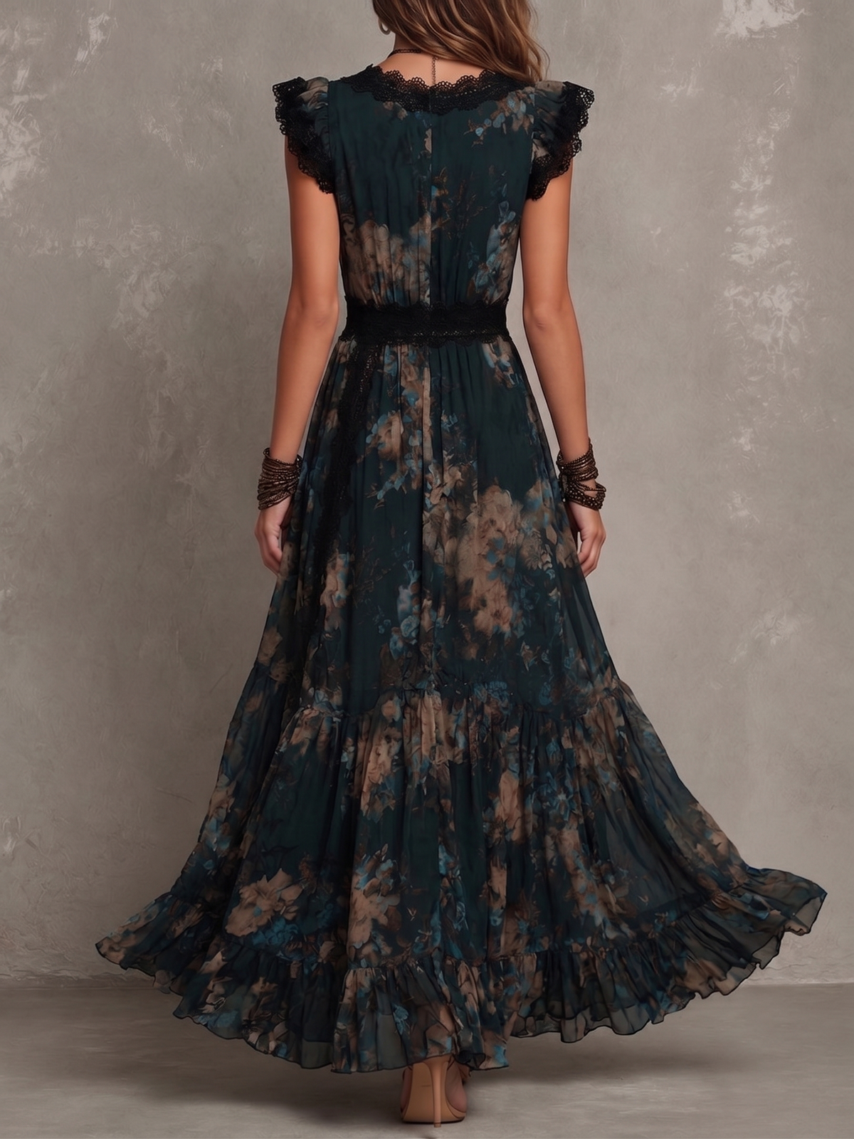 Floral Print Lace Trim Deep V-Neck Ruffle Tiered Maxi Dress 4