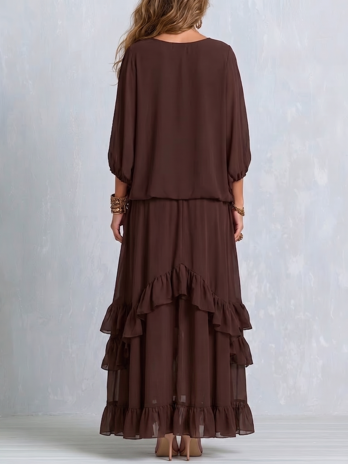 V-Neck Tassel Top and Tiered Ruffle Maxi Skirt Two Piece Set 2