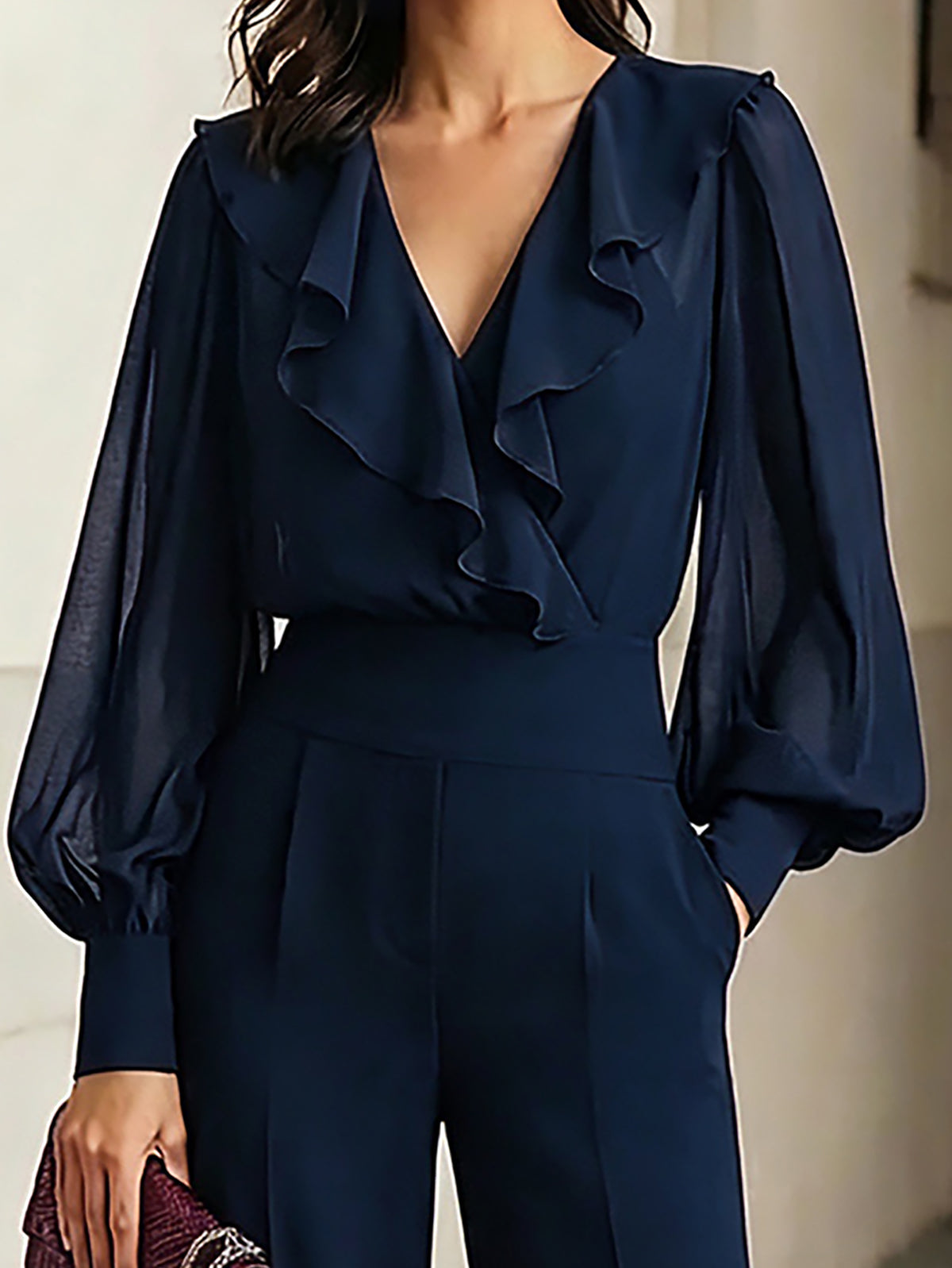 Ruffle V-Neck Long Sleeve Wide Leg Jumpsuit 3