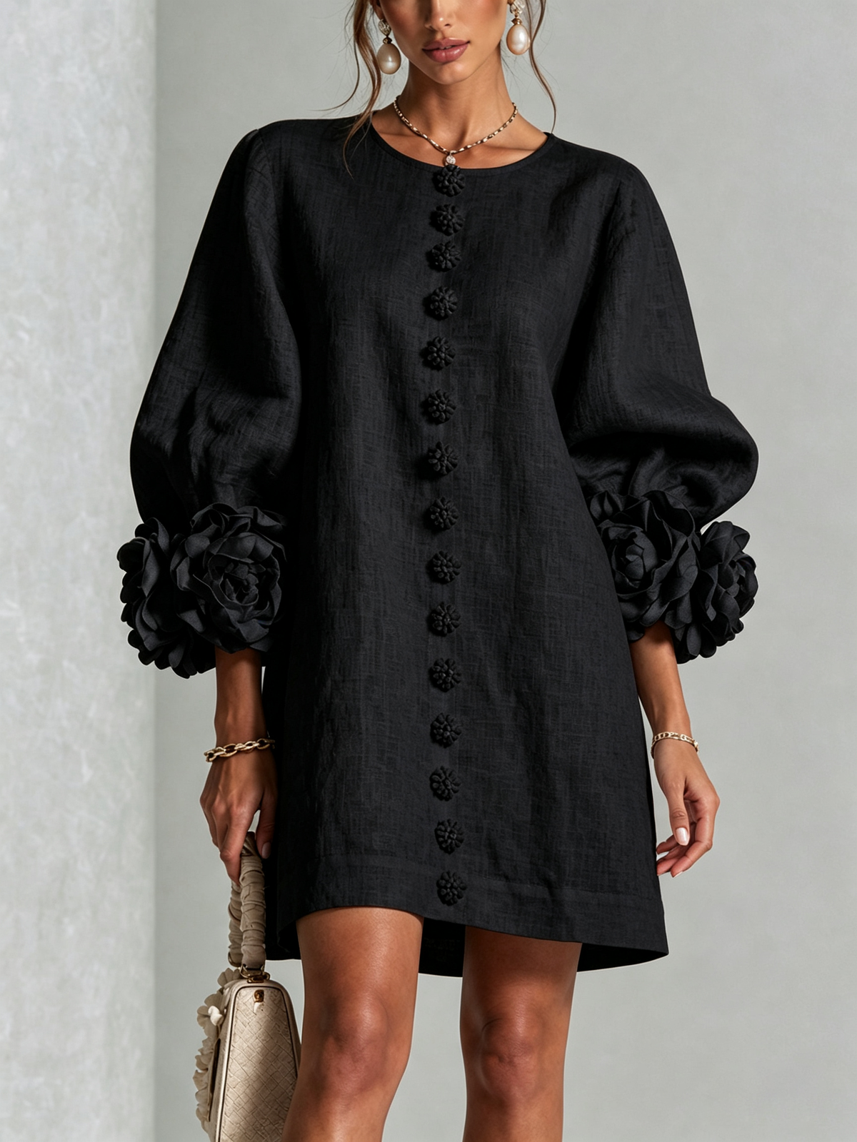 Tweed Button Front 3D Floral Balloon Sleeve Mini Dress 17