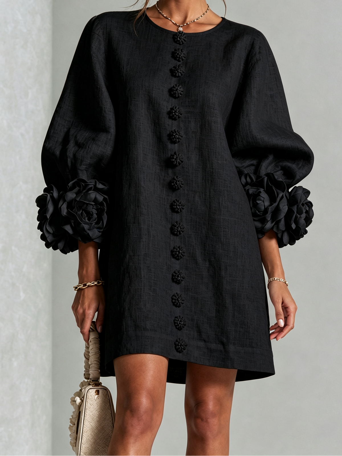 Round Neck Floral Applique Sleeve Button Front Linen Look Mini Dress 15