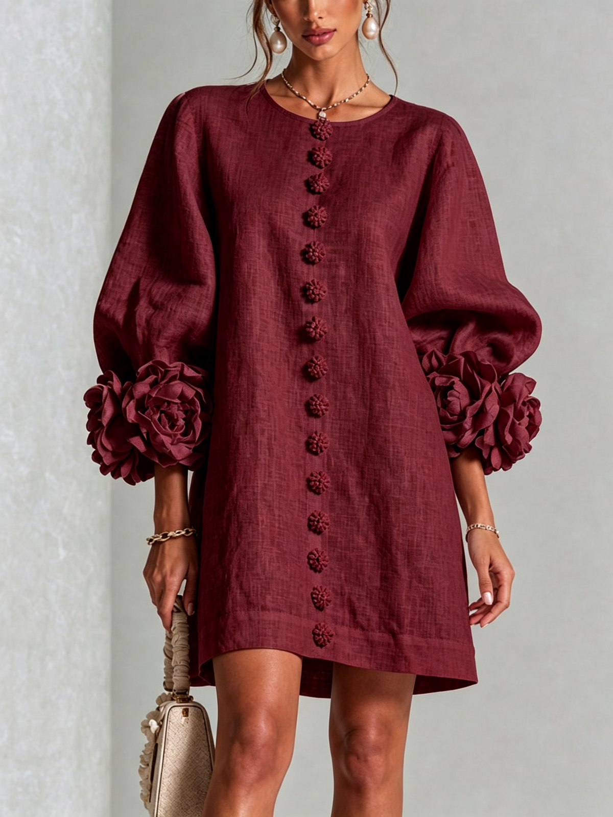 Tweed Button Front 3D Floral Balloon Sleeve Mini Dress 37