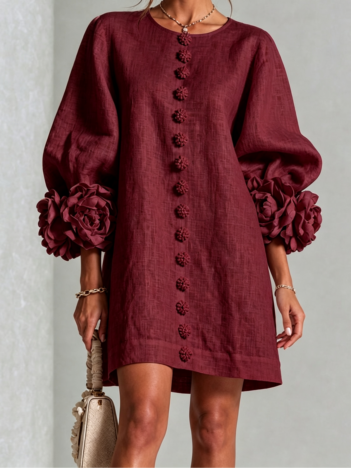 Round Neck Floral Applique Sleeve Button Front Linen Look Mini Dress 35