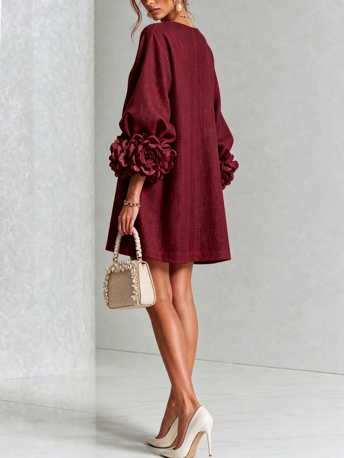 Tweed Button Front 3D Floral Balloon Sleeve Mini Dress 39