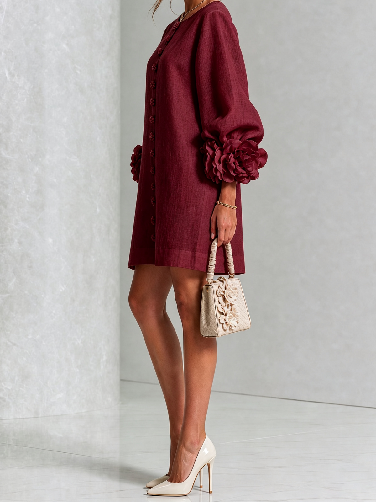Round Neck Floral Applique Sleeve Button Front Linen Look Mini Dress 36