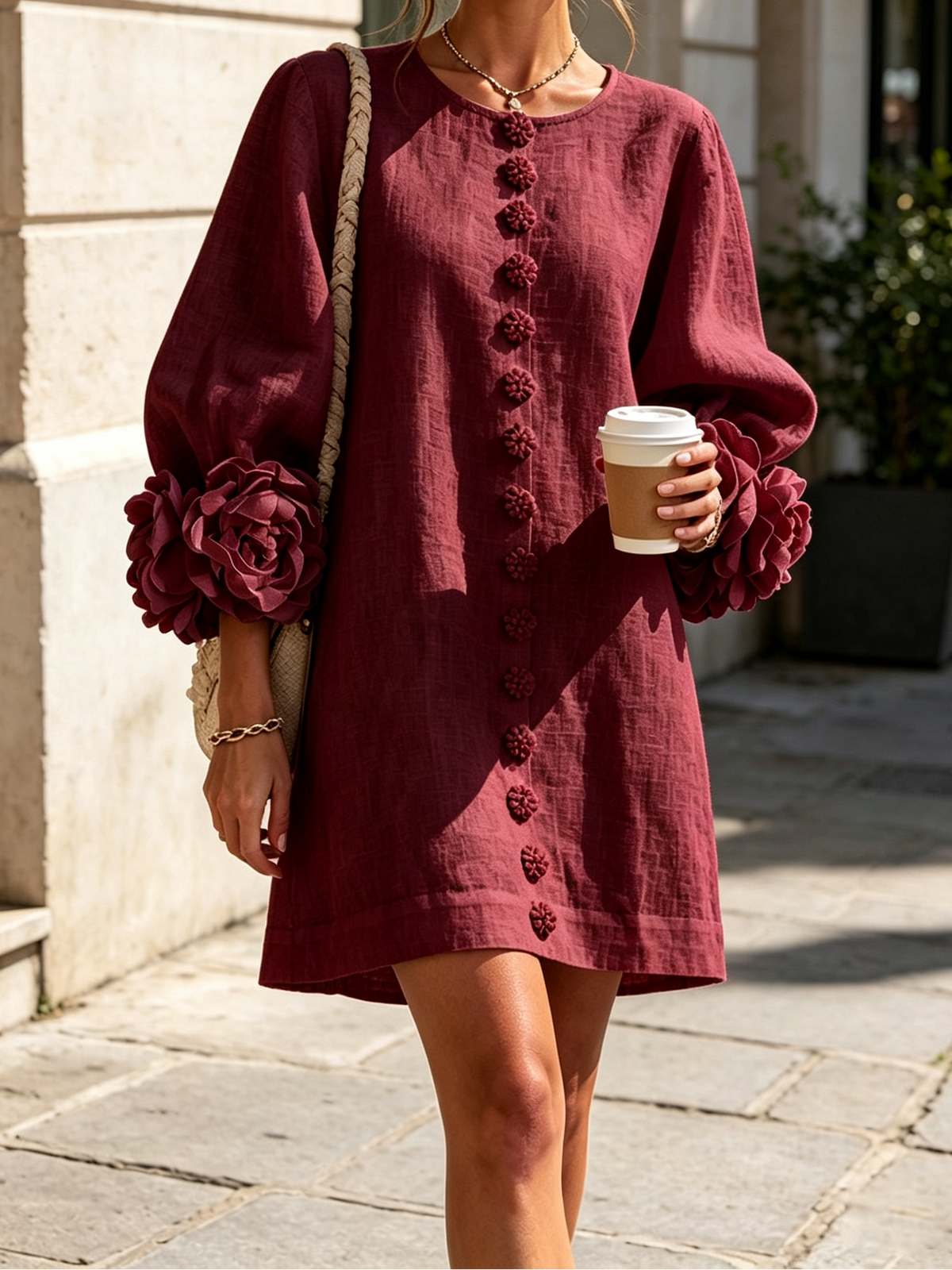 Round Neck Floral Applique Sleeve Button Front Linen Look Mini Dress 38