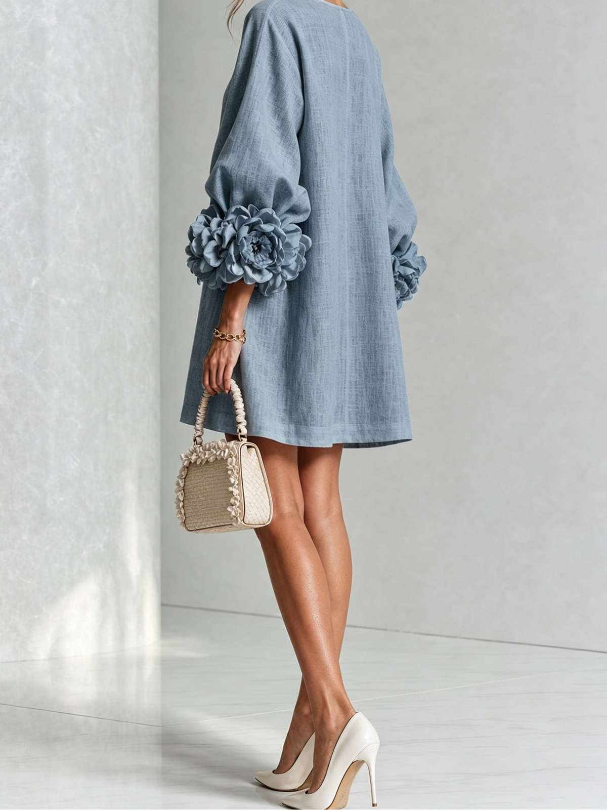 Round Neck Floral Applique Sleeve Button Front Linen Look Mini Dress 41