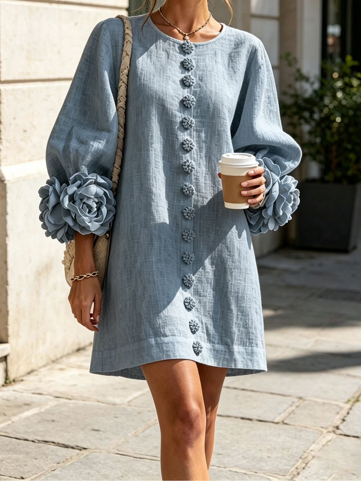 Round Neck Floral Applique Sleeve Button Front Linen Look Mini Dress 42