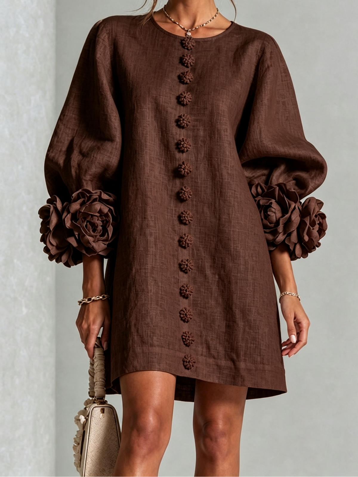 Round Neck Floral Applique Sleeve Button Front Linen Look Mini Dress 27