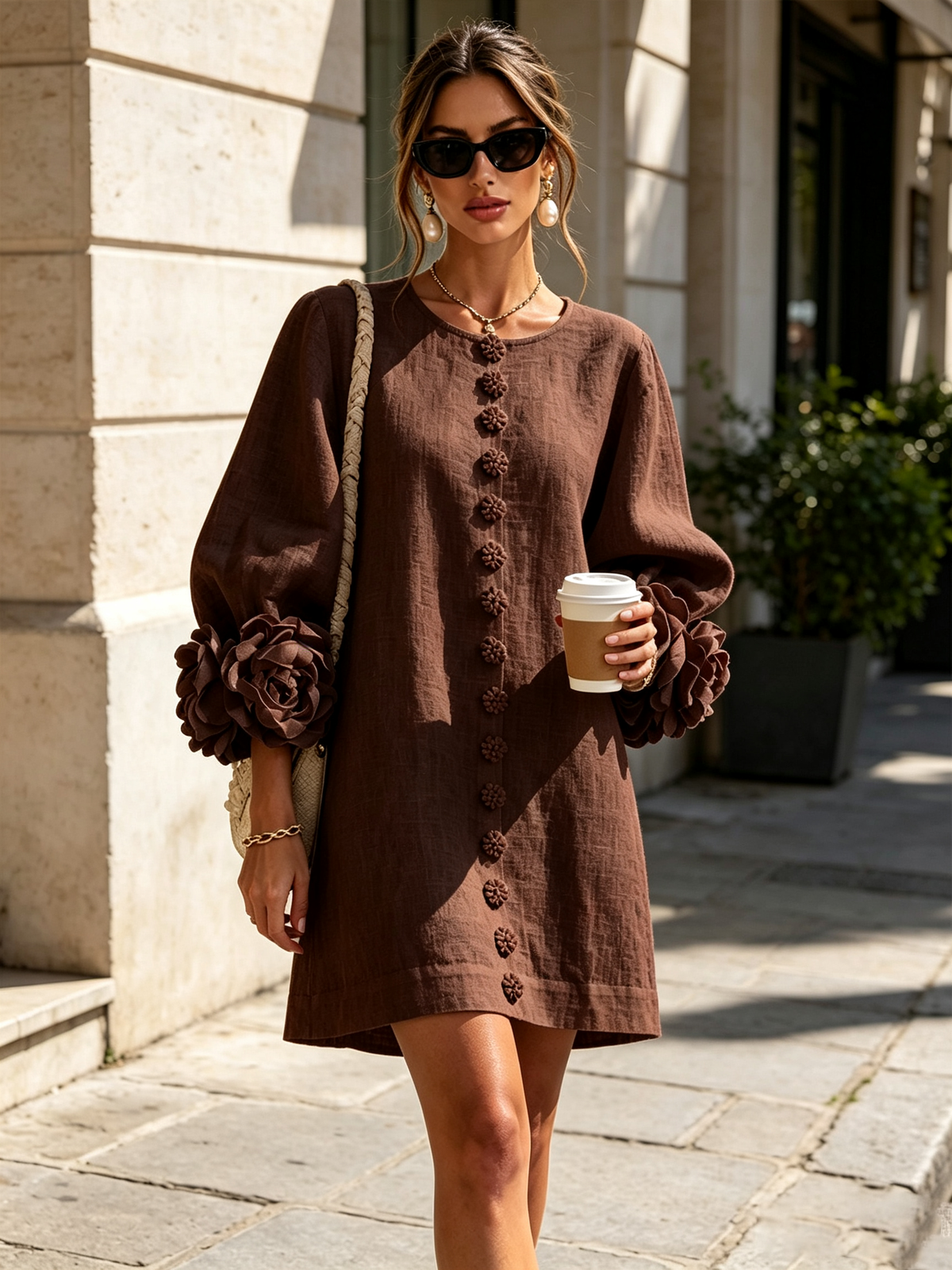 Tweed Button Front 3D Floral Balloon Sleeve Mini Dress 32