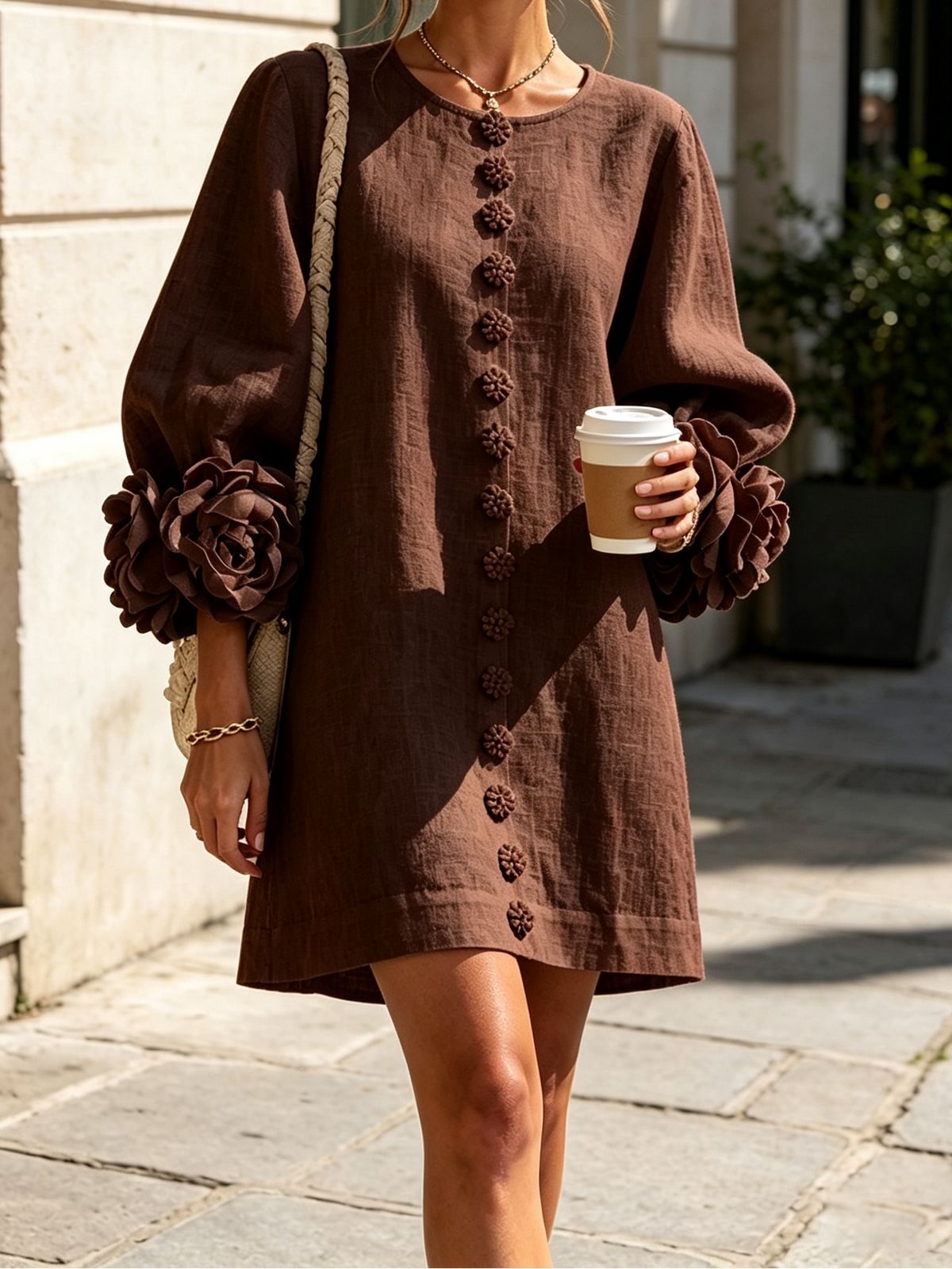 Round Neck Floral Applique Sleeve Button Front Linen Look Mini Dress 30