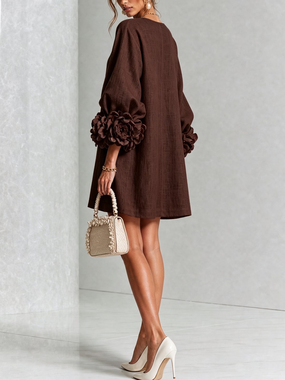 Tweed Button Front 3D Floral Balloon Sleeve Mini Dress 31