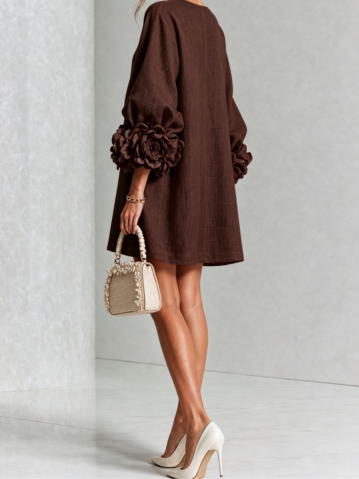 Round Neck Floral Applique Sleeve Button Front Linen Look Mini Dress 29