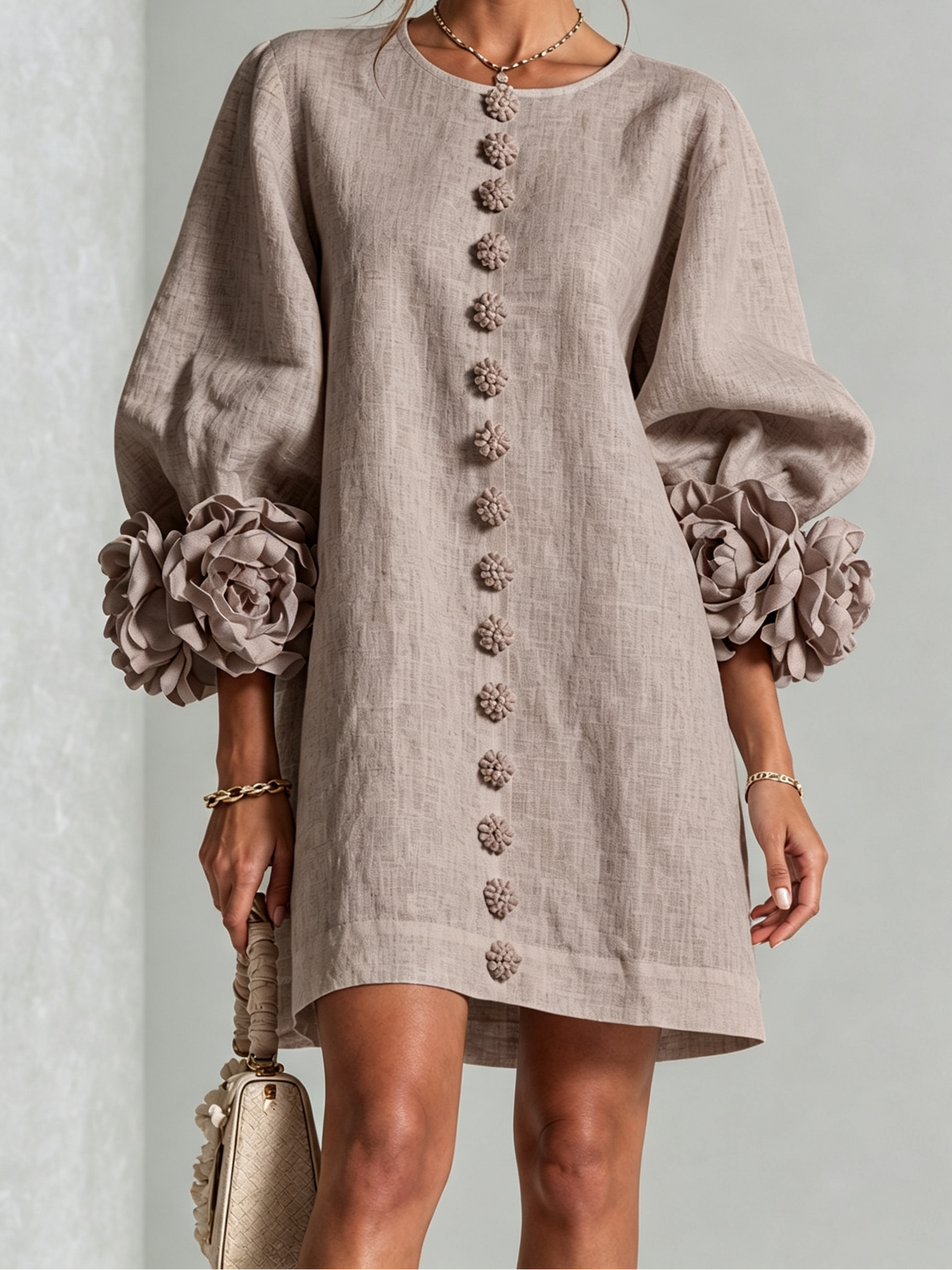 Round Neck Floral Applique Sleeve Button Front Linen Look Mini Dress 47