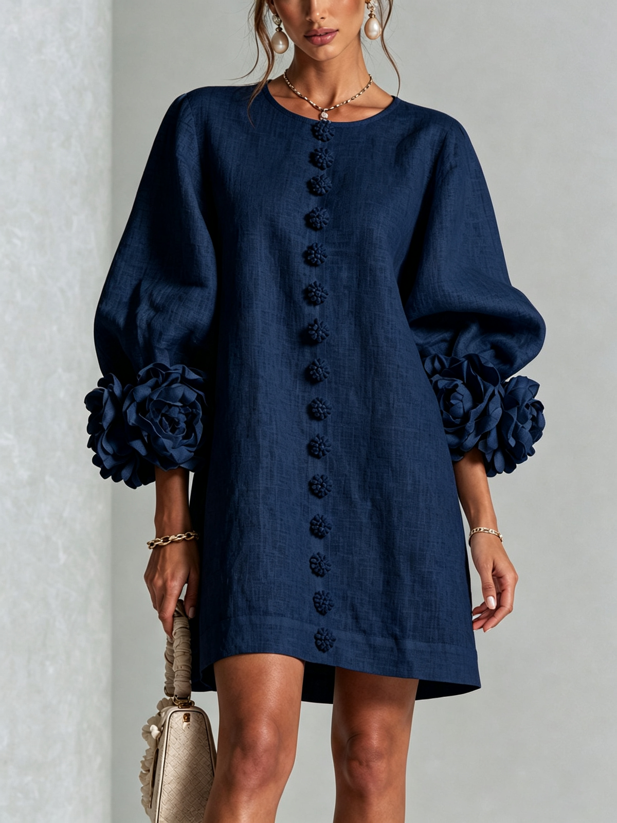 Floral Applique Puff Sleeve Button Front Linen Mini Dress 11