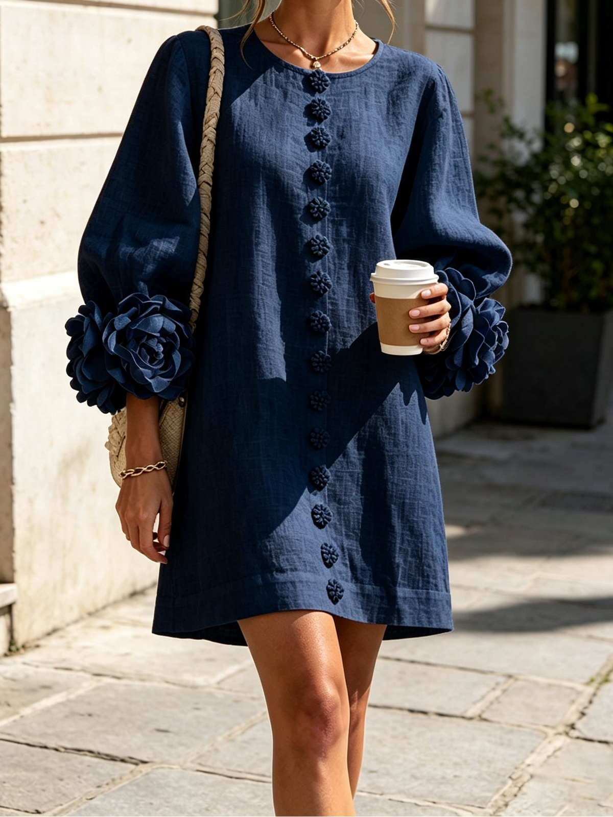 Round Neck Floral Applique Sleeve Button Front Linen Look Mini Dress 14