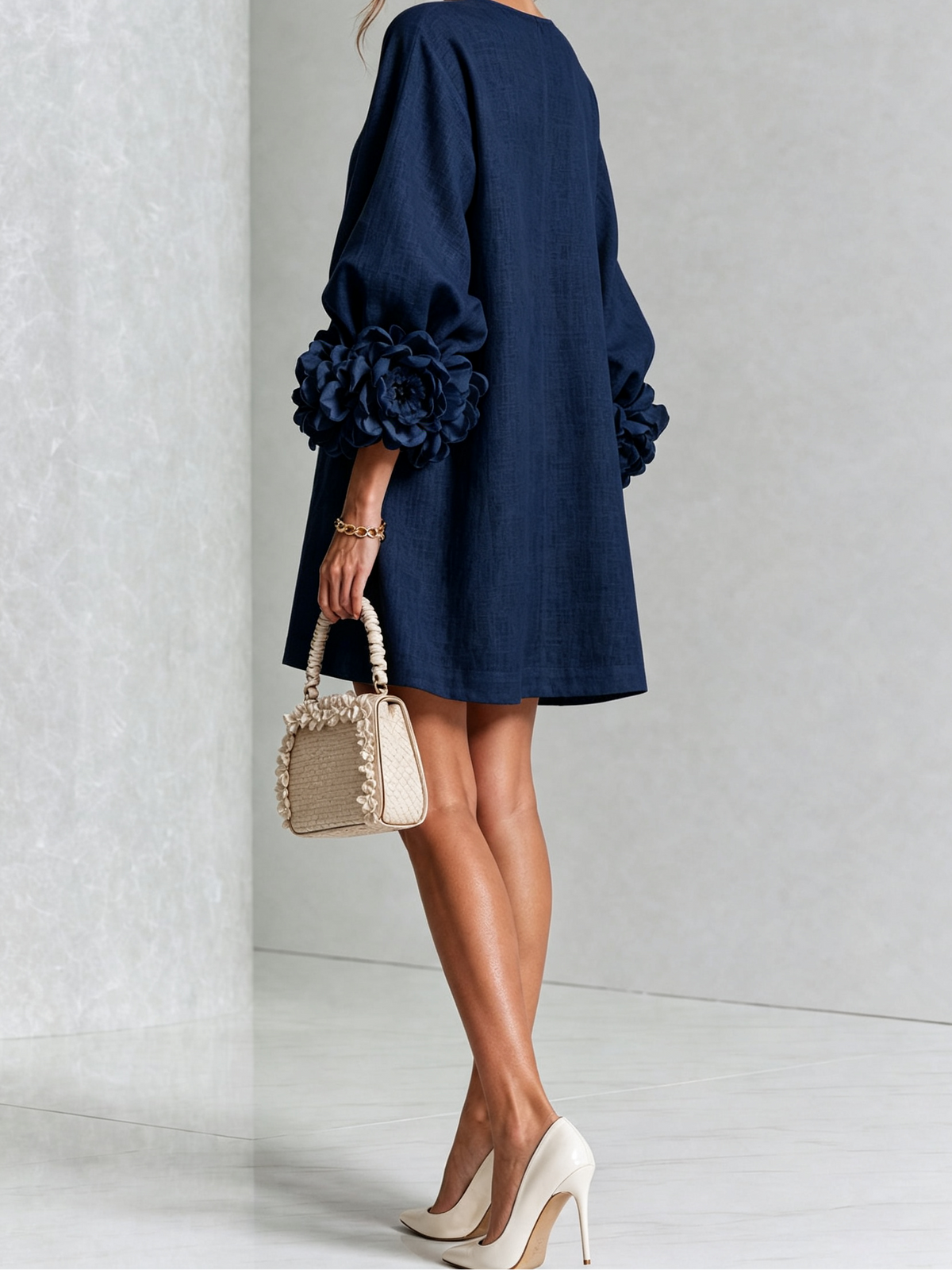 Round Neck Floral Applique Sleeve Button Front Linen Look Mini Dress 13